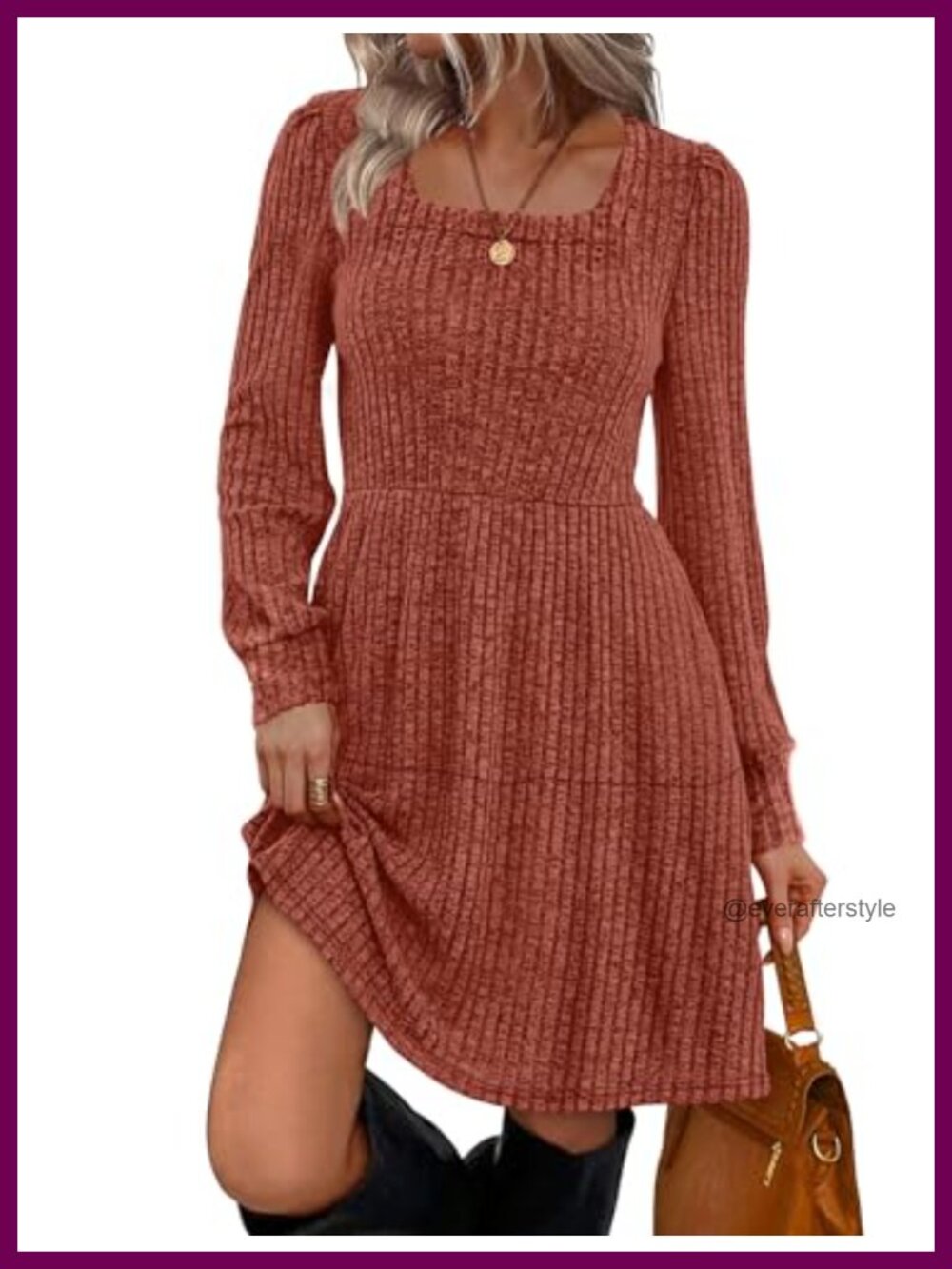 Sampeel Womens Square Neck Long Sleeve Babydoll Sweater Dress Casual Tunic